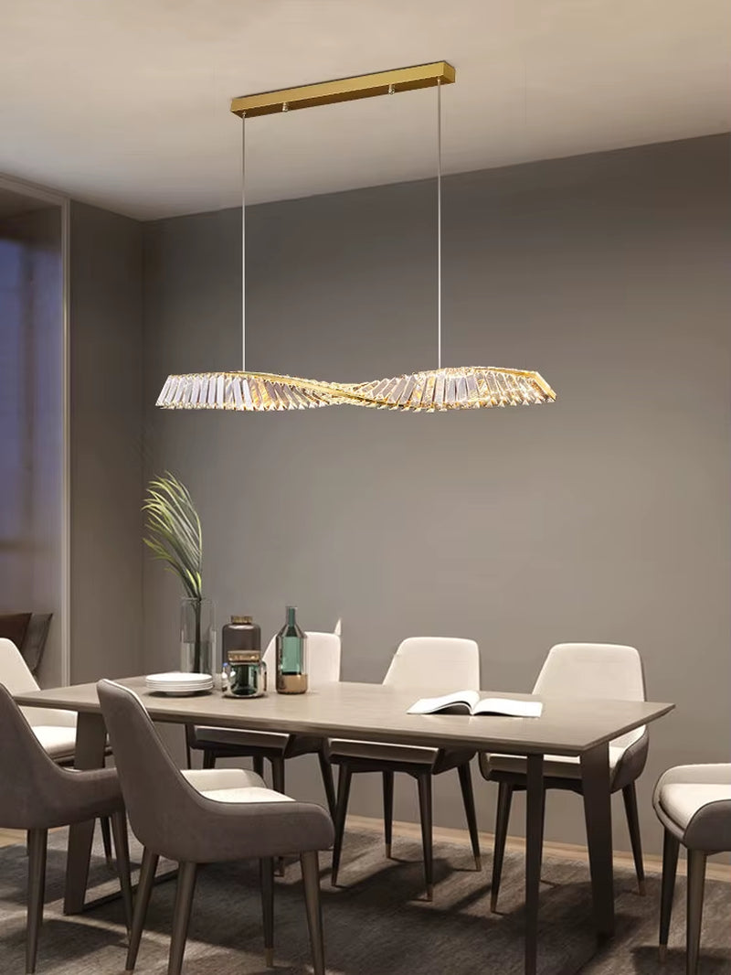 Dining Room Crystal LED Chandelier Modern One Word Spiral Design Hanging Lamp Luxury Kitchen Island Bar Table Lighting Fixture