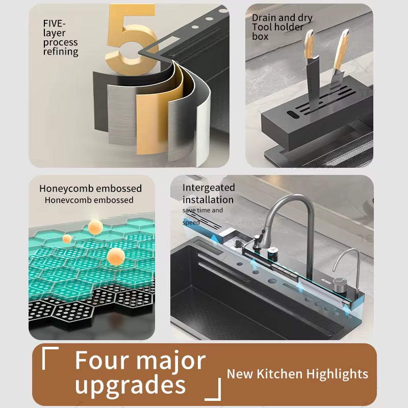 New Honeycomb Embossed Waterfall Kitchen Sink Stainless Steel Big Size Wash Basin Large Single Bowl with Chopping Board