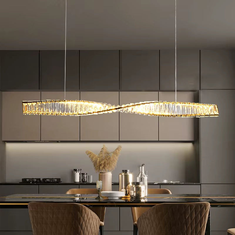 Dining Room Crystal LED Chandelier Modern One Word Spiral Design Hanging Lamp Luxury Kitchen Island Bar Table Lighting Fixture