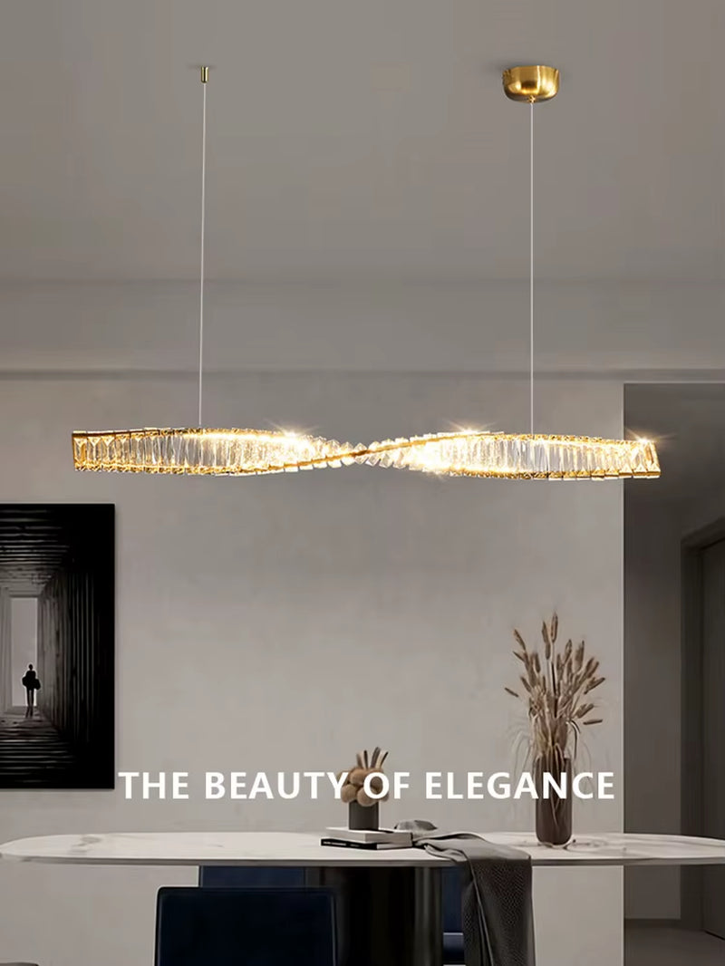 Dining Room Crystal LED Chandelier Modern One Word Spiral Design Hanging Lamp Luxury Kitchen Island Bar Table Lighting Fixture