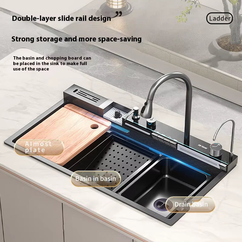New Honeycomb Embossed Waterfall Kitchen Sink Stainless Steel Big Size Wash Basin Large Single Bowl with Chopping Board