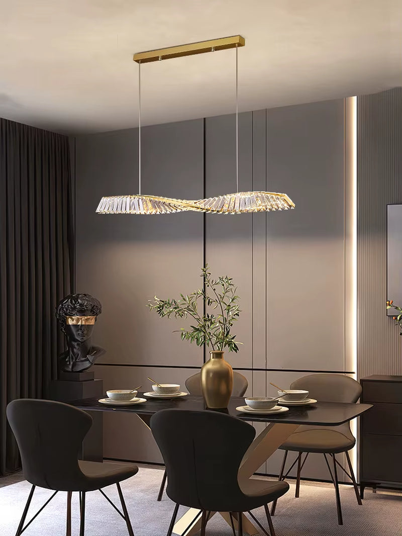 Dining Room Crystal LED Chandelier Modern One Word Spiral Design Hanging Lamp Luxury Kitchen Island Bar Table Lighting Fixture