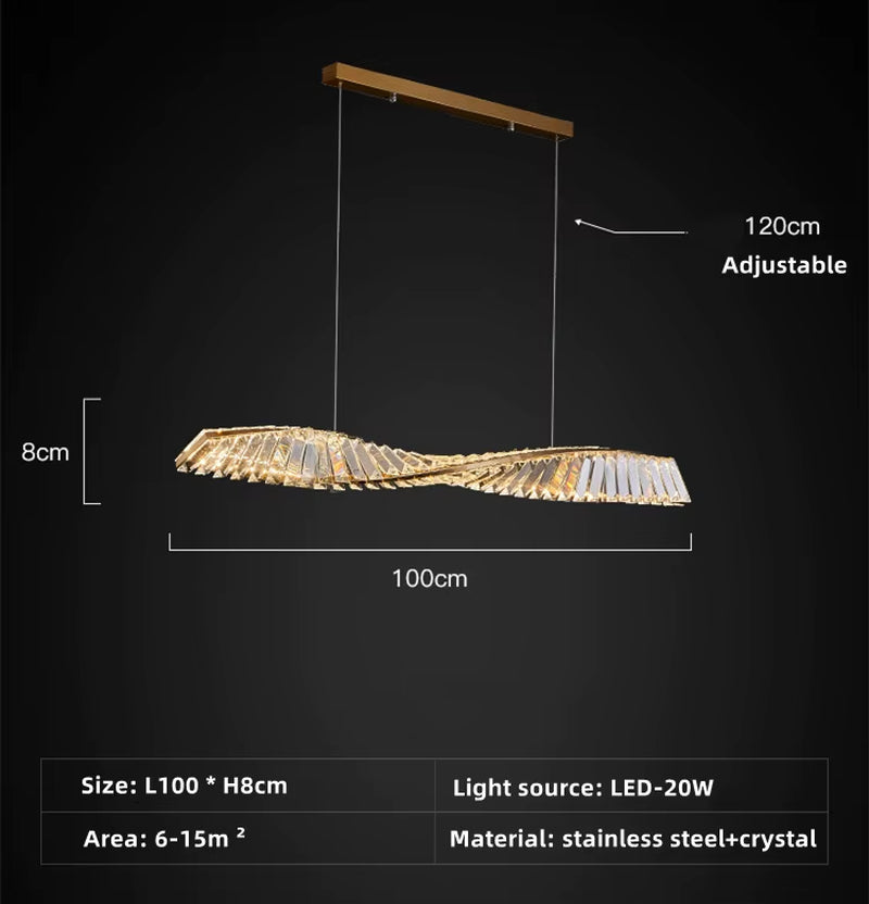 Dining Room Crystal LED Chandelier Modern One Word Spiral Design Hanging Lamp Luxury Kitchen Island Bar Table Lighting Fixture