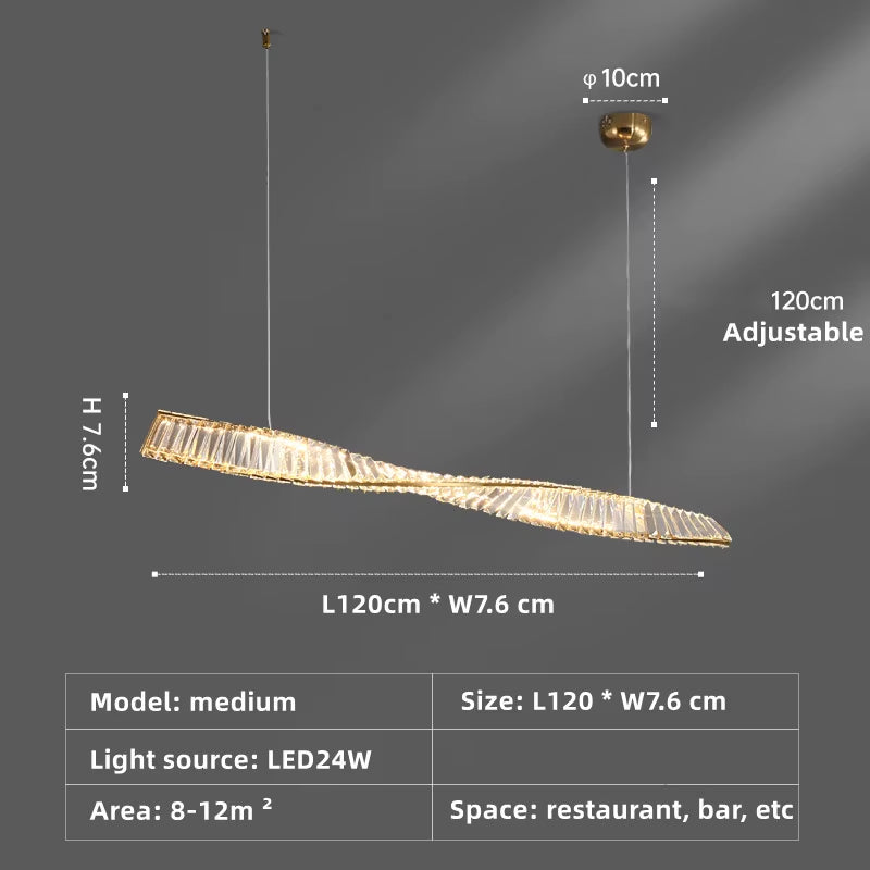 Dining Room Crystal LED Chandelier Modern One Word Spiral Design Hanging Lamp Luxury Kitchen Island Bar Table Lighting Fixture