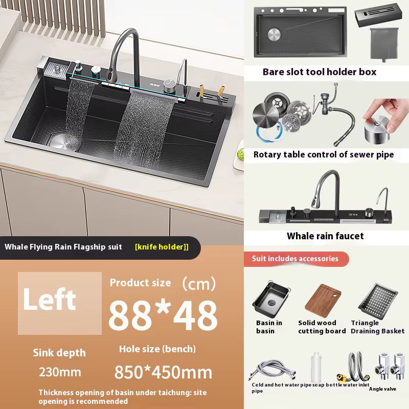 New Honeycomb Embossed Waterfall Kitchen Sink Stainless Steel Big Size Wash Basin Large Single Bowl with Chopping Board