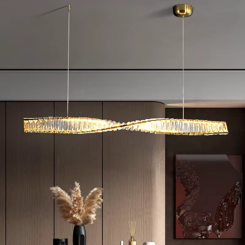 Dining Room Crystal LED Chandelier Modern One Word Spiral Design Hanging Lamp Luxury Kitchen Island Bar Table Lighting Fixture