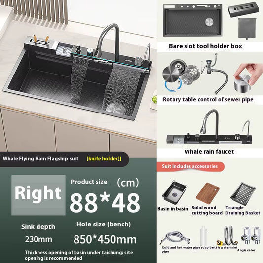 New Honeycomb Embossed Waterfall Kitchen Sink Stainless Steel Big Size Wash Basin Large Single Bowl with Chopping Board