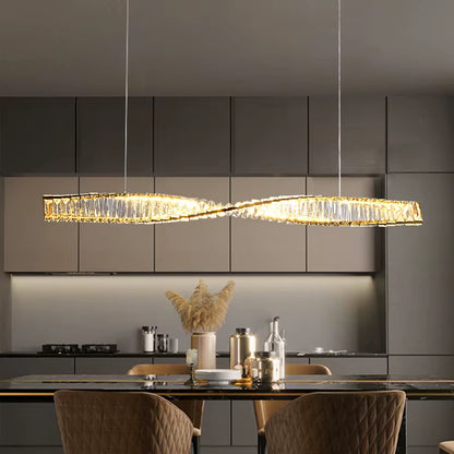 Dining Room Crystal LED Chandelier Modern One Word Spiral Design Hanging Lamp Luxury Kitchen Island Bar Table Lighting Fixture