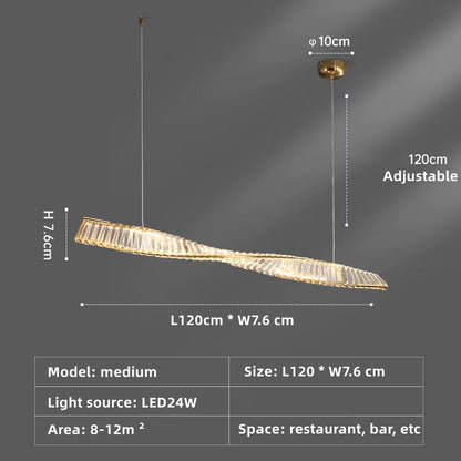 Dining Room Crystal LED Chandelier Modern One Word Spiral Design Hanging Lamp Luxury Kitchen Island Bar Table Lighting Fixture