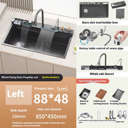 New Honeycomb Embossed Waterfall Kitchen Sink Stainless Steel Big Size Wash Basin Large Single Bowl with Chopping Board